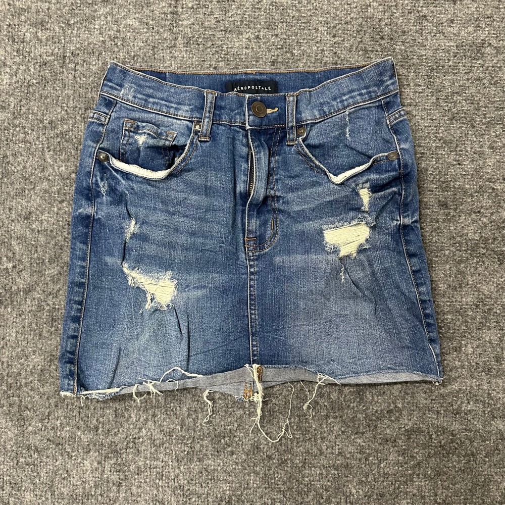 Aeropostale Skirt Womens Size 4 Blue Distressed Raw Hem Denim Mini Casual Jean